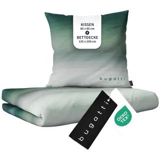 bugatti Bettwäsche 100% Baumwolle 135x200 cm grün & grau - Mako Satin | 2-teiliges Set inkl. Kissenbezug 80x80 cm, anschmiegsames & waschbares Bettwäsche-Set mit Reißverschluss, OEKO-TEX® geprüft