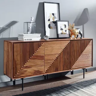 FineBuy Sideboard Sheesham Massivholz 150 cm mit 3 Türen - Massive Retro Kommode mit Schnitzerei - Design Natur Anrichte - Handdustrial - Braun