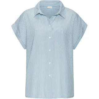 Hemdbluse LASCANA, Damen, Gr. 40/42, blau (hellblau, weiß gestreift), Web, Obermaterial: 58% Viskose, 28% Baumwolle, 14% Leinen, gestreift, figurumspielend hüftlang, V-Ausschnitt, mit Umschlag, Blusen Hemdbluse, aus Leinenmix mit Knopfleiste, Leinenbluse, Kurzarmbluse