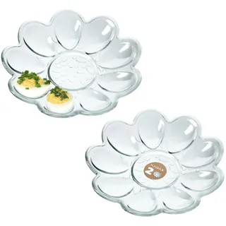 KADAX Eierteller aus Glas, ⌀ 21,5 cm, praktischer Teller für Eier, Eierhalter, robuste Eierablage, Eierplatte, Eierbehälter, Eiertablett, Eierspender (2x Blumenforme, transparent, 18 Eier (2x9))