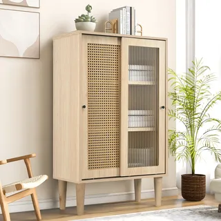 Flieks Kommode Sideboard mit 2 Türen, Rattan Wohnzimmerschränke Stehschrank TV Tisch 60x40x120cm - Naturbelassen