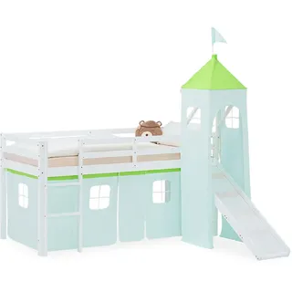 Homestyle4u Hochbett 90/200 cm in weiß Rutsche Turm Bettvorhang Grün , Grün, Weiß , Textil , Kiefer , 90x200 cm , Babymöbel & Kindermöbel, Kinderzimmer & Jugendzimmer, Kinderbetten, Hochbetten