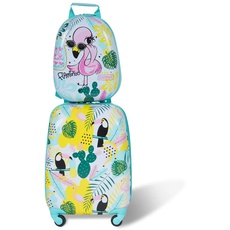 COSTWAY 2tlg Kinderkoffer + Rucksack, Kindertrolley aus Kunststoff, Kindergepäck, Kinder Kofferset Handgepäck Reisegepäck Hartschalenkoffer für Jungen und Mädchen (Flamingo, 12"+16")