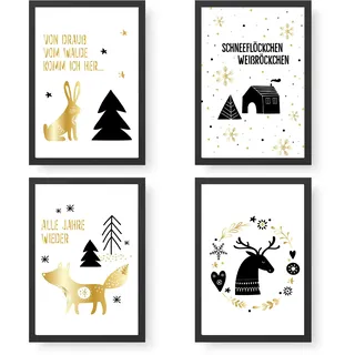 Papierdrachen Kunstdrucke Weihnachten 4 Premium Poster DIN A4 | Bilder als Weihnachtsdekoration - Scandi Tiere - hochwertig | ungerahmt | Wandbild - Set 3