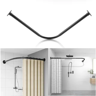Duschstange Ohne Bohren Schwarz L-Form Duschvorhanghalterungen Gebogen L Form Badewanne Edelstahl Multifunktionale Stretch Gardinenstange70 to 95cm x 125 to 165cm