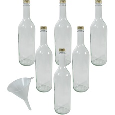 Viva Haushaltswaren - 6 x Glasflasche 750 ml mit goldfarbenem Schraubverschluss, Flasche zum Befüllen als Weinflasche, Likörflasche, Schnapsflasche etc. verwendbar (inkl. Trichter Ø 9 cm)