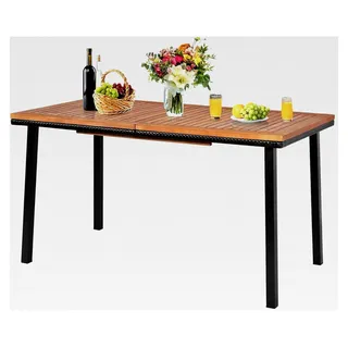 Gartentisch mit Schirmloch, Esstisch aus Akazienholz, Terrassentisch mit Metallbeinen, für 6-8 Personen 140x75x76cm, 50kg belastbar