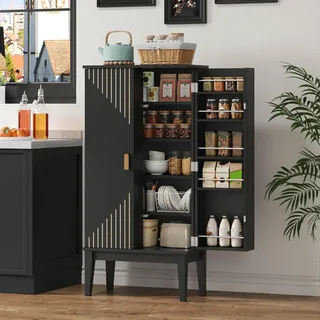 MODFU Sideboard,Aufbewahrungsschrank Stauraum Schmaler Schrank Mit Zwei Türen Mit Fünf Regalfächern Für Küche Und Flur,Schwarz - Schwarz