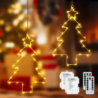 Ollny Fensterdeko Weihnachtsbaum warmweiß Batteriebetrieben, 2 Stück 60 LED Weihnachten mit 1m Zuleitung, 8 Modi und Timer für Fenster Beleuchtung Deko Hängen Weihnachtsdeko