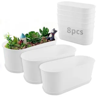 LOLYSIC 8 Stück Kräutertopf mit Tablett 22.8 x 9 x 8.2 cm, Weißes Rechteckiger Plastik Pflanzgefäß, Bonsai-Topf, Innen & Außen Geeignet, Balkonkasten Balkon für Garten, Fensterbank