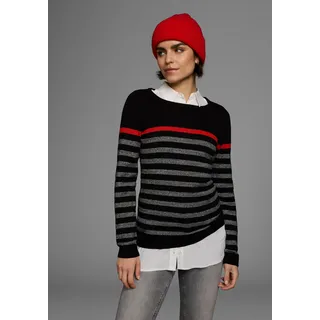 Strickpullover AJC, Damen, Gr. 40/42 (M), bunt (schwarz, grau, rot), Feinstrick, Obermaterial: 85% Baumwolle, 15% Polyacryl, gestreift, sehr figurbetont hüftlang, Rundhals, Rippbündchen, Pullover Strickpullover, mit modischen Kontraststreifen