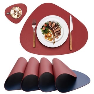 MiiDD Platzsets Abwaschbar Leder,Tischsets Abwaschbar Rund,Platzdeckchen Abwaschbar Rund,Tischset Lederoptik,Doppelseitigen Platzset und Untersetzer Teller 4er Set Oval(Rot&Blau)