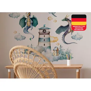 Osomhome Wandtattoo Kinderzimmer Mädchen & Junge: Drachen & Leuchtturm (110x80cm) | Kinderzimmer & Babyzimmer Deko | Wandsticker & Wanddeko Kinderzimmer | Wandaufkleber, Wall Stickers os9600