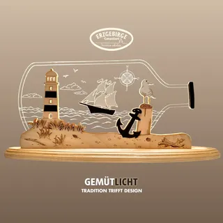 LED Dekolicht WEIGLA "Flaschenpost "Maritim" aus Holz & Acrylglas", natur, weiß, braun, H:22cm L:47cm T:8,2cm, Leuchten, LED Dekolicht, Erzgebirge garantiert, maritime Innendeko, Dekolampe