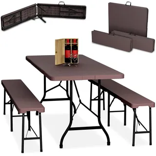Relaxdays Bierzeltgarnitur klappbar, 3-tlg. Bierbank Set mit großem Tisch, für Garten, Festzeltgarnitur, 180 cm, braun