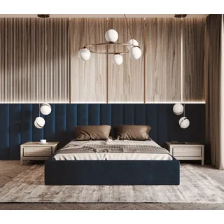 Polsterbett Vilde 200x220 mit Wandpaneelen 300 cm, Bettkasten, Samtbezug Piano 28 Dunkelblau, stabile Konstruktion - Dunkelblau