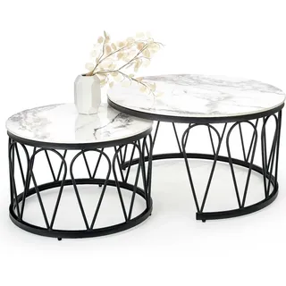 Halmar Runder Couchtisch (2 Stück) Formosa - weißer Marmor / schwarz - Weiß