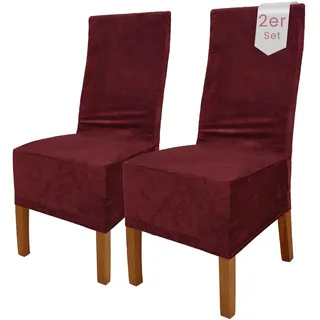 Scheffler Home Stuhlhussen Samt Bordeaux 2er Set Puma – Elastische Stuhlbezüge für Hochlehner und Polsterstühle – Waschbar und formstabil
