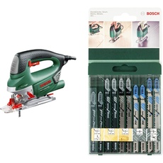 Bosch Stichsäge PST 1000 PEL (650 Watt, im Koffer) + 10tlg. Stichsägeblatt Set Wood and Metal (Holz und Metall, Zubehör Stichsäge T-Schaftaufnahme)