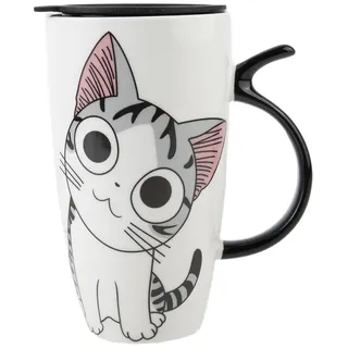 lachineuse - Lucky Cat Tasse 600 ml - Große XXL Weiße Porzellantasse - Japanische Tee- & Kaffeetasse - Mit isoliertem Deckel - Kawaii Glückskatze Becher - Japan Asien Geschenkidee Tasse - Riesentasse