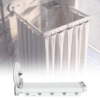 Faltbarer Duschvorhang, 2M Faltbare Duschvorhangstange Ohne Bohren mit 2 Starker Saugnapf, L/U Form Zusammenklappbar, Klappbare Duschstange für Badezimmer, Badewanne, Wäscheständer (5-Fache)