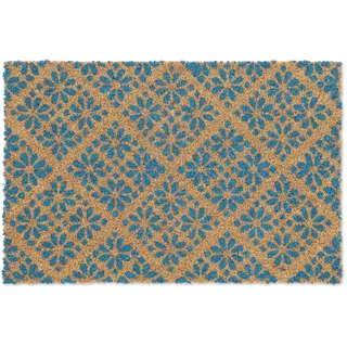 Relaxdays Fußmatte aus Kokos, florales Design, Türmatte für außen & innen, gummierte Kokosmatte 60x40 cm, blau/Natur