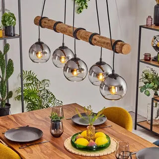 HOFSTEIN Pendelleuchte Koyoto, 5-flammige Hängelampe aus Metall/Holz/Glas in Schwarz/Natur/Rauch/Klar, Retro Hängeleuchte m. Glasschirmen und Holzbalken, max. 150cm, E27, Esszimmer, Wohnzimmer, Küche