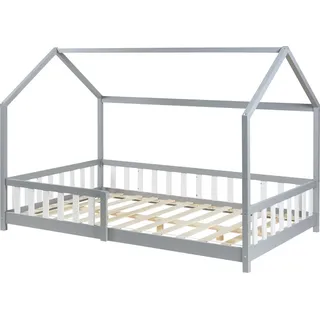 [en.casa] Hausbett ‘Hesel’ für Kinder mit Rausfallschutz Lattenrost 120 x 200 cm Grau - Grau