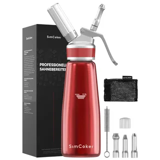 SimCoker Sahnespender 500ml,Aluminium Schlagsahnebereiter,Sahnesiphon Ersatzteile 3 Edelstahl Spritztüllen 1 Reinigungbürste,Deutsche Anweisungen,Rot