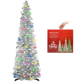 N&T NIETING Künstlicher Weihnachtsbaum mit Beleuchtung, 150cm Pop Up Weihnachtsbaum, Pailletten Weihnachtsbaum künstlich Weihnachtsdeko für Weihnachten, Partybedarf, Haus Dekoration, Silbrig