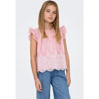 Blusentop KIDS ONLY "KOGBONDI LIFE S/L EMB FRILL TOP WVN", Mädchen, Gr. 146, rosa (barbados cherry stripes:cloud dancer), Web, Obermaterial: 100% Baumwolle, gestreift, figurumspielend normal, Rundhals, Flügelärmel Rüschen, Blusen Blusentop