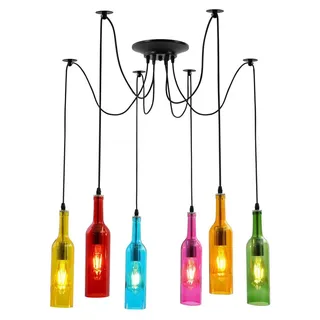 Glasflaschen Pendelleuchte - Decken Hängelampe - 6x E27 Fassung - Höhenverstellbar - Vintage buntes Glas - Für Kücheninsel Innenbereich - Mehrfarbig