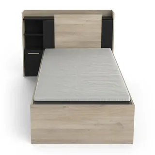 Demeyere Lit 90x190/200 Avec Rangement 1 Porte 3 Niches 1 tiroir – Noir Mat und Chêne Clair -124,5 x 226,9 x 90,5 cm, Eichenbürste/Mattschwarz, Eichenbürste/Mattschwarz
