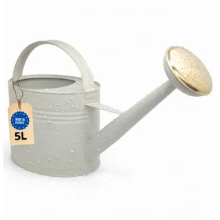 LIVLIG Gießkanne 5 Liter, Blumengießkanne für Garten & Balkon, Hochwertige Metallgießkanne 5L aus verzinktem Metall und Abnehmbarer Brause, Gießkanne Retro mit Messingbrause, Greige
