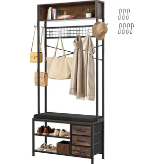 SucceBuy Flurgarderobe 80 x 30 x 180 cm, Garderobenständer mit Schuhablage (2 Ebenen) & 3 Schubladen, Freistehende Garderobe mit Regal & Metallgitter, Perfekt für Eingangsbereich und Schlafzimmer