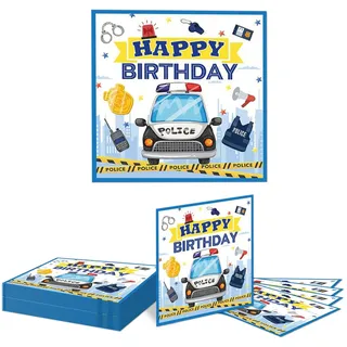 Kotkiddy 20 Stück Polizeiauto Happy Birthday Servietten, Polizei Party Zubehör Dekorationen, Polizeiauto Thema Geburtstags Papier Servietten Set