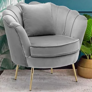 BAKAJI Sessel Relaxstuhl Bezug Samtstoff Metallbeine Farbe Gold gepolstert Modernes Design Gesteppte große Muschel-Rückenlehne Größe 8 x 77 x 84 cm (Grau)