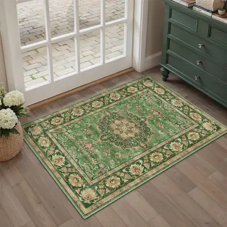 PureCozy FußMatte Teppich 60x90cm klein im Eingangsbereich,Grün Gold | Weich Kurzflor, Rutschfest, Leicht, Schlafzimmer, Esszimmer, Büro, Kinderzimmer Tepich