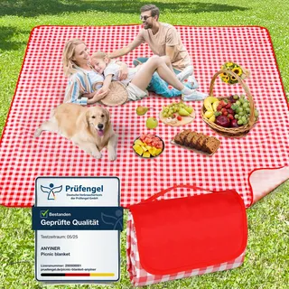 Anyiner Picknickdecke 200x200 cm, Sandfest Stranddecke Wasserdicht Campingdecke, Waschbar Leichtgewicht mit Tragegriff, Ideal für Outdoor, Camping, Strand & Familienpicknick (Rot Kariert)