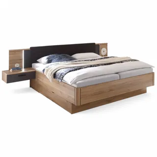 Die Möbelfundgrube Stella Trading ASCHAU Stilvolle Doppelbett Bettanlage mit Nachtkommoden & Beleuchtung 180 x 200 cm - Schlafzimmer Komplett-Set in Mauvella Eiche Optik, Graphit - 305 x 93 x 210 cm (B/H/T)