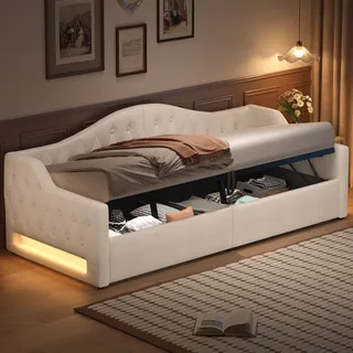FAVSH Polsterbett Schlafcouch 90x200 mit Bettkasten, Tagesbett mit LED-Beleuchtung und Stauraum, Multifunktionales Sofabett Einzelbett für Gästezimmer und Jugendzimmer, Ohne Matratze(Beige)