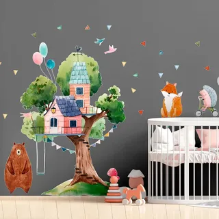 Wandsticker für Kinder, riesig, Dekoration für Babyzimmer, Kinderzimmer, selbstklebend, Jungen, Mädchen, XXL – Riesenbaum und Glückshütte – H90 x 120 cm (X2)