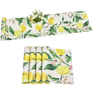 Alishomtll Zitrone Frühling Tischläufer und Tischsets Set, Gelb Grün Zitrone Baum abwaschbar Tischläufer 1pc 180x35cm, Blumen Blätter Anti Rutsch Platzsets 4pcs 45x30cm für Esszimmer Party Bankett