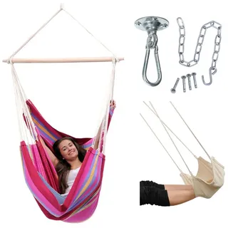 AMAZONAS Hängesessel Brasil Set Grenadine | Brasil Hängesessel + Deckenhaken Power Hook + Fußablage | Sitzfläche 130x160 cm bis 150 kg hellgestreift