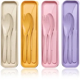 NVGVUP 4 Plastik Besteck Set, Mehrweg Reisebesteck mit Etui, Camping Besteck mit Löffel Messer Gabel, Tragbare Utensilien für Lunchbox, Kunststoff-Besteckset für Reisen Picknick Schule Büro