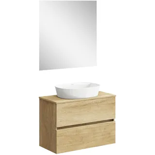 Baikal Onyx Badezimmerschrank, montiert, 2 Schubladen, Badezimmermöbel mit Waschbecken, Hängeschrank, Wandschrank, Keramikwaschbecken, inkl. Spiegel, 90 cm Natur