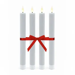 Relaxdays LED Stabkerzen, 4er Set, HxD: 25 x 2 cm, flackernde Flamme, Echtwachs, Rillen, flammenlose Kerzen, hellgrau