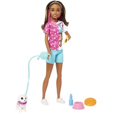 Barbie HKD77 - Skipper-Puppe und Hundesitter Spielset mit Hündchen und 5 Zubehörteilen, Puppen Spielzeug ab 3 Jahren