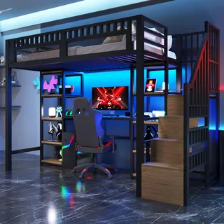 Flieks Etagenbett 90x200cm mit Schreibtisch und Regal, Hochbett mit Treppe, Jugendbett mit Led und Lattenrost, Kinderbett Metallbett Schwarz - Schwarz