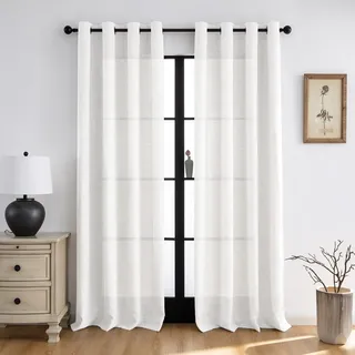 Melodieux Gardinen mit Ösen Weiss - Leinen Optik Halbfrei Vorhänge 2er Set, 260x140cm, Scheibengardinen Modern Blickdichte Gardinen für Fenster Schlafzimmer Wohnzimmer